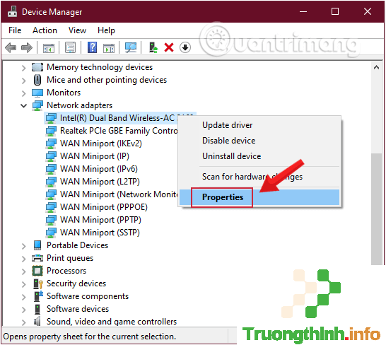 Kích chuột phải vào adapter mà bạn sử dụng, chọn tùy chọn Properties