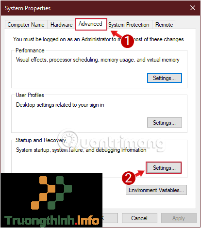 Tại thẻ Advanced, bạn click chọn Settings trong mục Startup and Recovery
