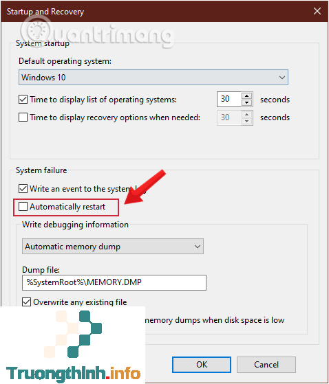 Bỏ tích mục Automatically restart