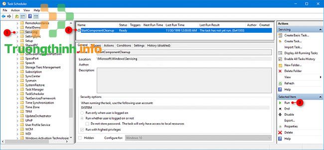 Chọn tác vụ StartComponentCleanup và nhấp vào Run trong Selected Item ở bên phải