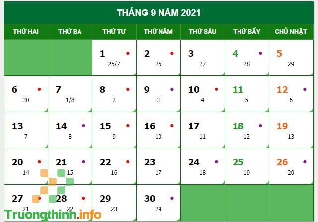                       Tháng 9 năm 2021 Âm lịch, Dương lịch có bao nhiêu ngày?