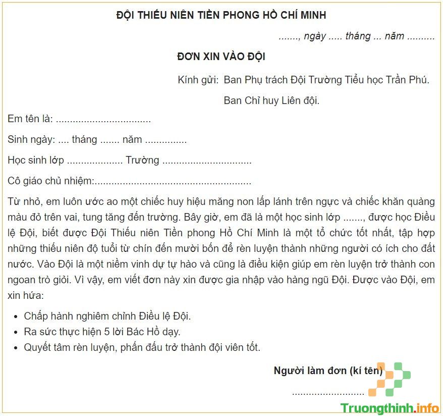                       Mẫu đơn xin vào Đội Thiếu niên Tiền phong Hồ Chí Minh chuẩn nhất