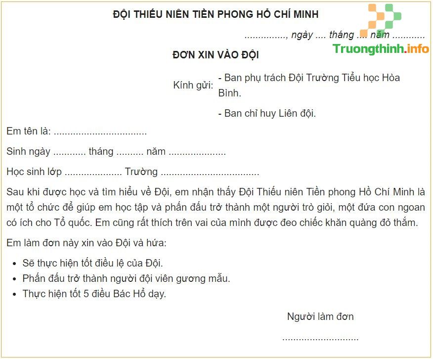                       Mẫu đơn xin vào Đội Thiếu niên Tiền phong Hồ Chí Minh chuẩn nhất