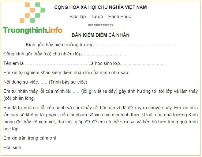                           Mẫu bản kiểm điểm cá nhân chuẩn nhất