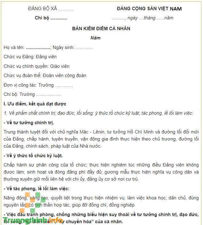                           Mẫu bản kiểm điểm cá nhân chuẩn nhất