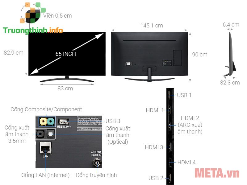                           Kích thước TV 65 inch của Samsung, Sony, LG