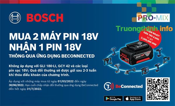                           Chương trình ưu đãi người dùng PROMIX BOSCH: MUA 2 máy pin 18V TẶNG 1 pin 18V