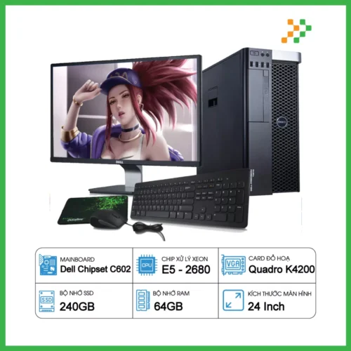 PC Đồ Họa Render Dell Precision T3610 Xeon E5-2680/64GB/240GB SSD/K4200/LCD 24 Inch