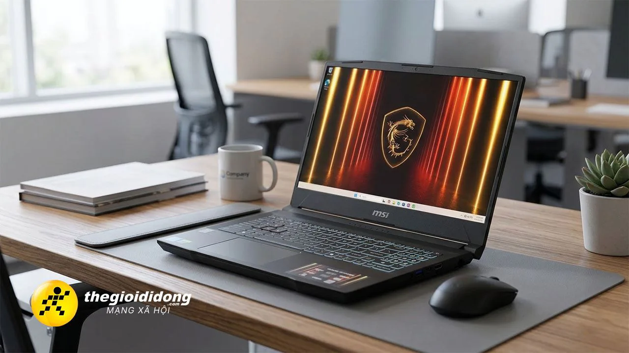Thiết kế tổng quan của một mẫu máy MSI phù hợp cho góc học tập gọn gàng.