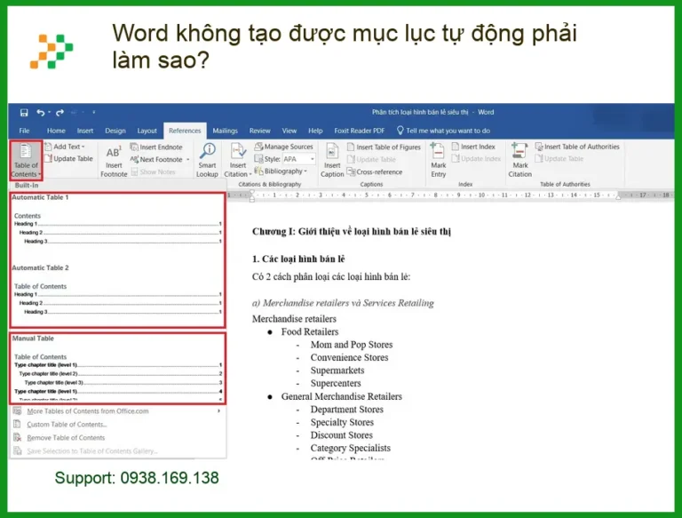 Văn phòng Word không tạo được mục lục tự động - Địa chỉ trung tâm hỗ trợ gần đây